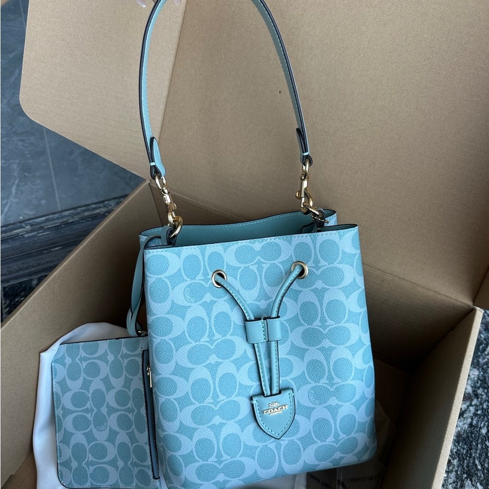 Coach Blue Signature Drawstring Bucket Shoulder Bag
